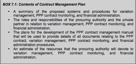 BOX 7.2: Contents of Contract Management Plan • A summary of the proposed systems and procedures for variation management, PPP contract monitoring, and financial administration. • The roles and responsibilities of the procuring authority and the private partner in relation to variation management, PPP contract monitoring, and financial administration.  • The plans for the development of the PPP contract management manual that will be used to provide details of all documents relating to the PPP contract, variation management, PPP contract monitoring, and financial administration procedures. • An estimate of the resources that the procuring authority will devote to variation management, PPP contract monitoring, and financial administration.