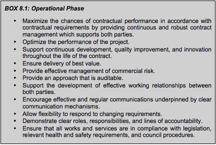 BOX 8.3: Operational Phase  • Maximize the chances of contractual performance in accordance with contractual requirements by providing continuous and robust contract management which supports both parties. • Optimize the performance of the project. • Support continuous development, quality improvement, and innovation throughout the life of the contract. • Ensure delivery of best value. • Provide effective management of commercial risk. • Provide an approach that is auditable. • Support the development of effective working relationships between both parties. • Encourage effective and regular communications underpinned by clear communication mechanisms. • Allow flexibility to respond to changing requirements. • Demonstrate clear roles, responsibilities, and lines of accountability. • Ensure that all works and services are in compliance with legislation, relevant health and safety requirements, and council procedures.