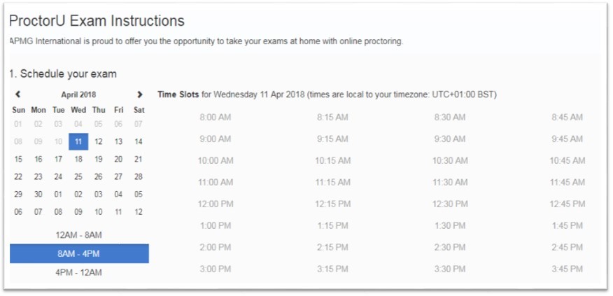 A screenshot of the APMG exam portal - demonstrating its calendar scheduling feature