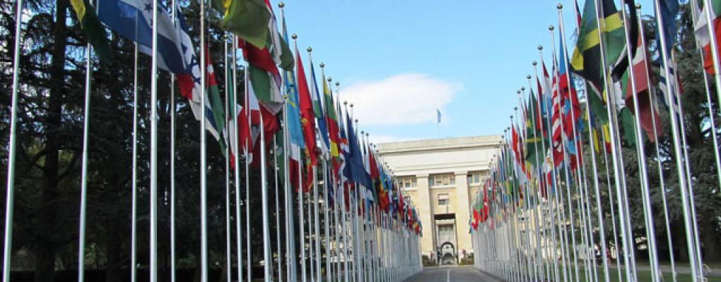 View of the road leading up to the Palias Des Nations main entrance 