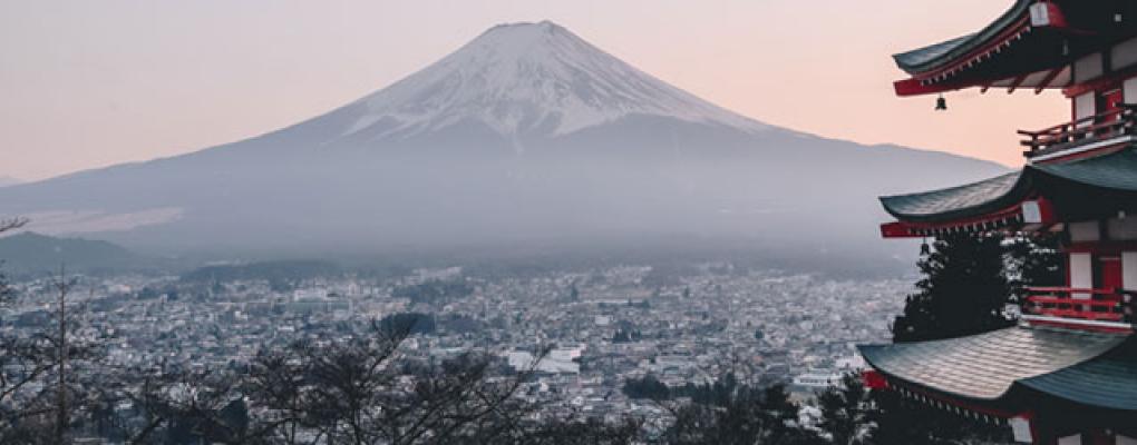 Pagoda looking onto Fujiyoshida mountain, Japan